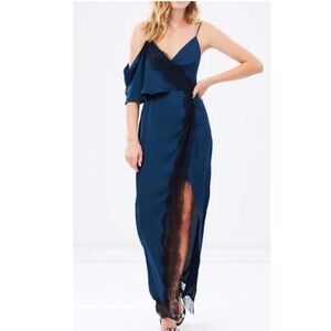 KEEPSAKE Stop Me Navy Blue Lace Trim Wrap Maxi Dress Formal Evening Flirty L